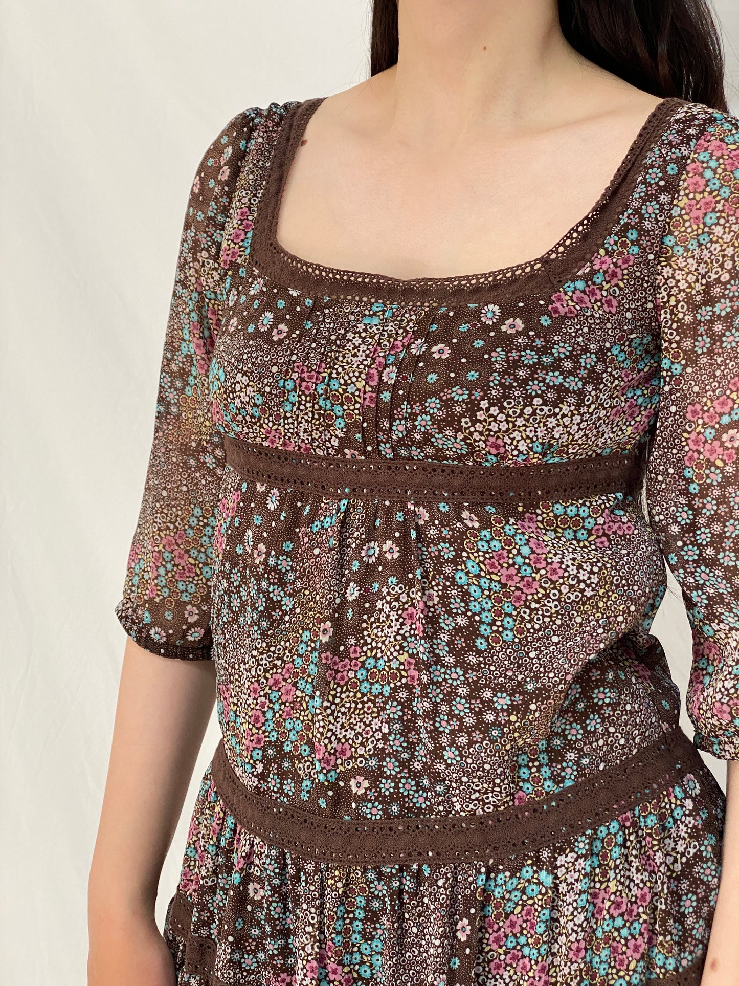 Vintage Y2K Pimkie Brown Floral Babydoll Mini Dress Sheer Cottagecore Boho Dress - M