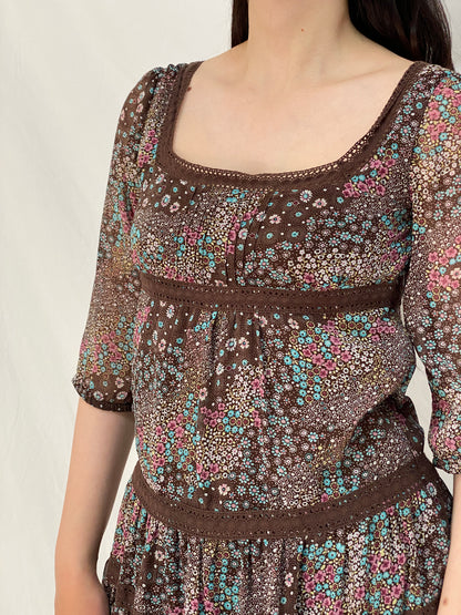 Vintage Y2K Pimkie Brown Floral Babydoll Mini Dress Sheer Cottagecore Boho Dress - M