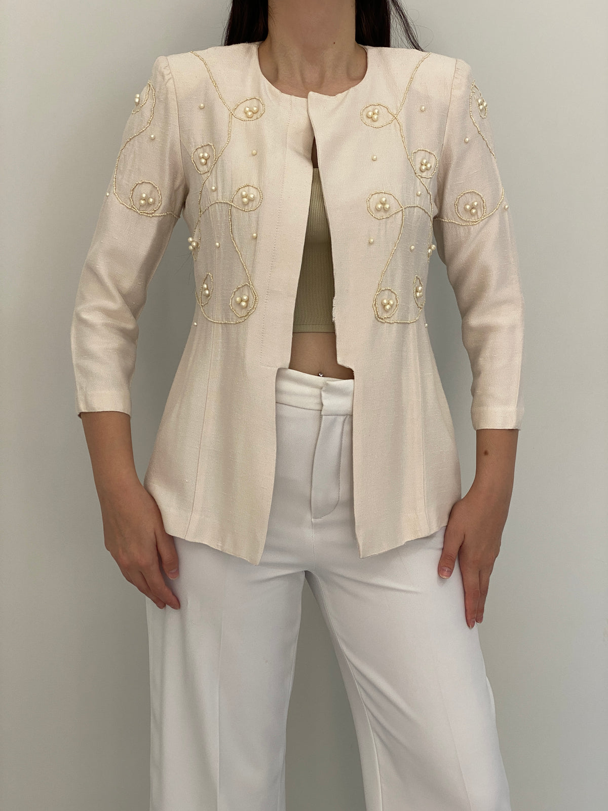 Vintage 90s Leslie Fay Petite Ivory Pearl Beaded Embroidered Blazer – M