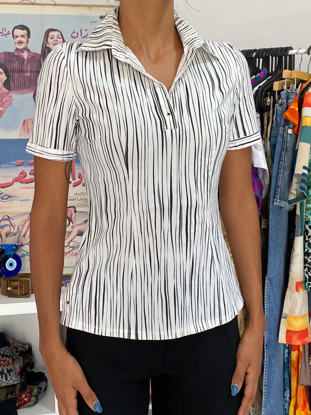 Vintage 90s GEM Fashion White Striped Cotton Stretch Fitted Collared Top - S Vintage 90s GEM Fashion White Striped Cotton Stretch Fitted Collared Top - S