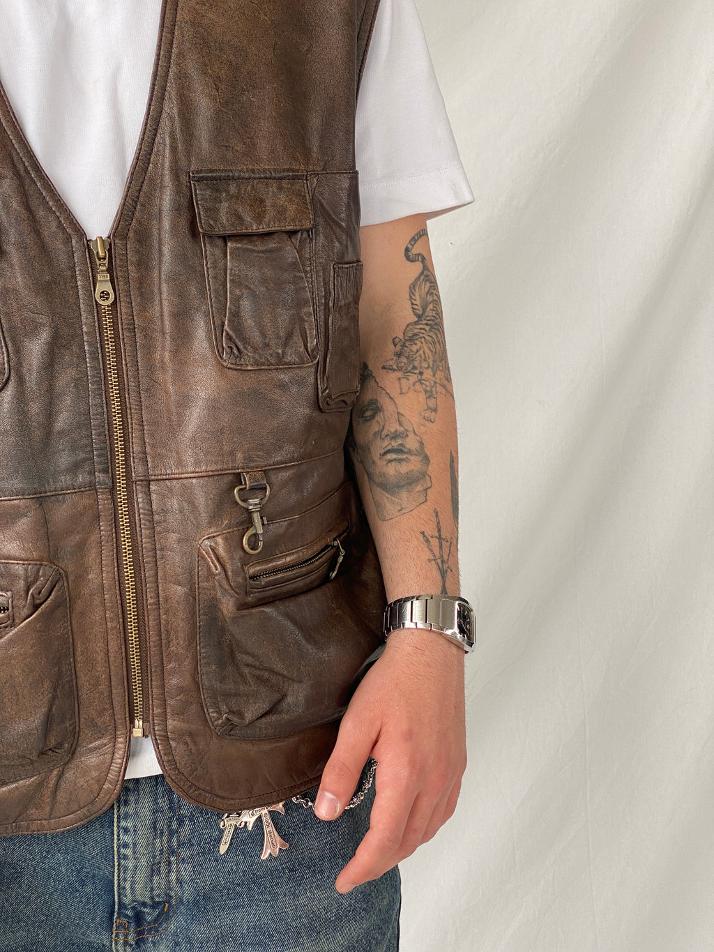 Vintage Men’s Safari Cargo Brown Genuine Leather Zip Up Vest - XL