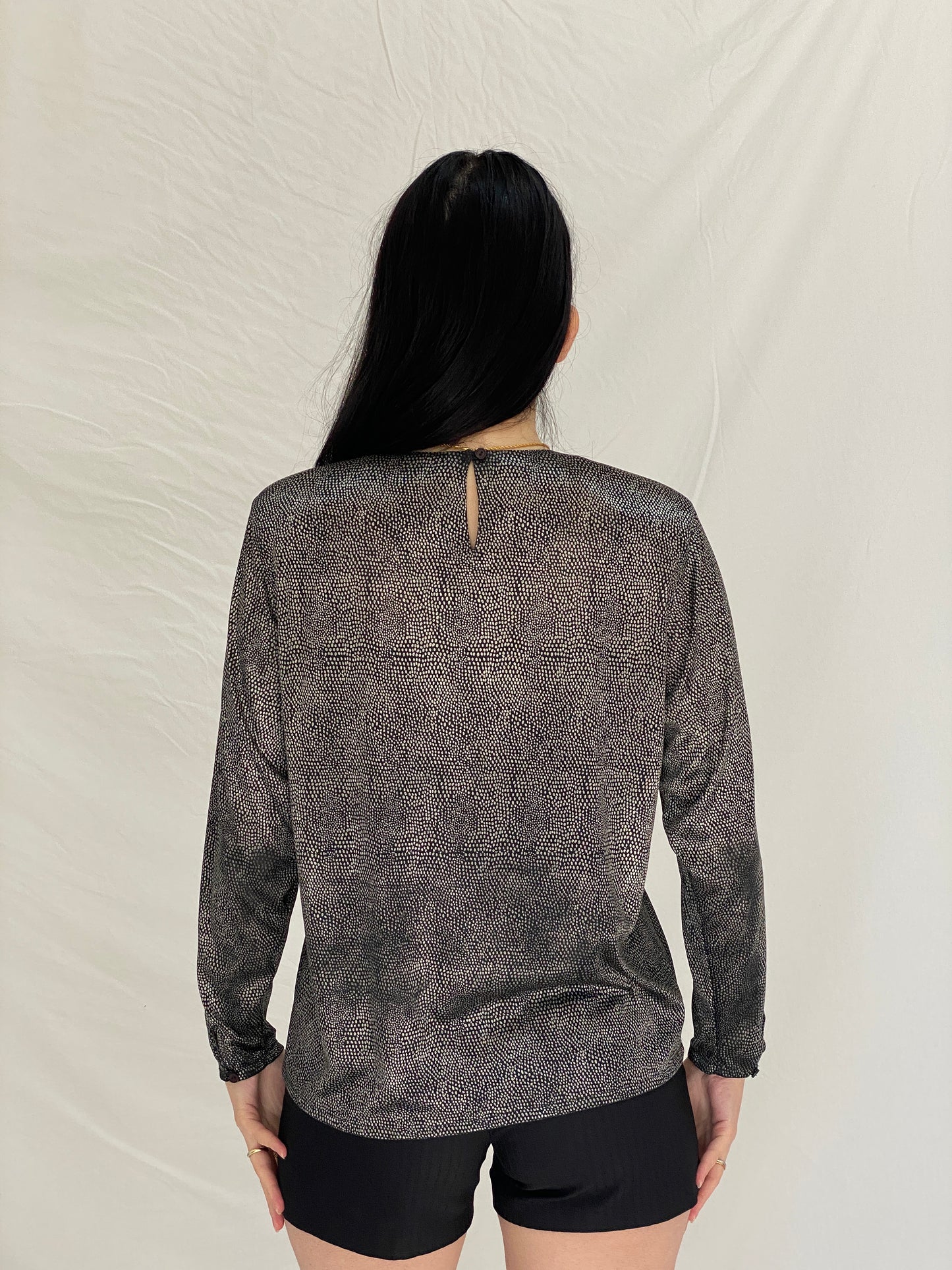 Y2K ML Studio Black Micro-Dot Long Sleeve Blouse - M