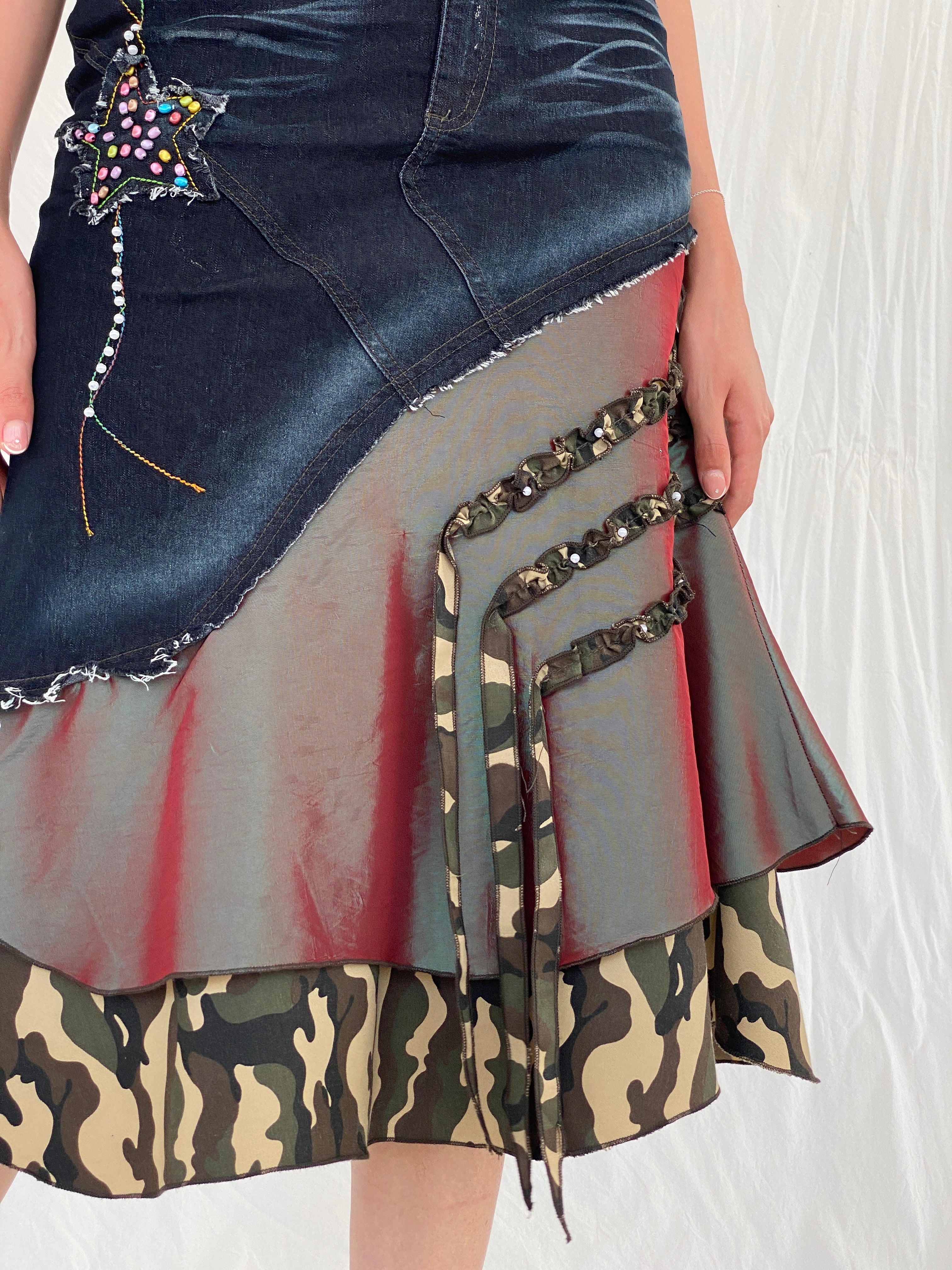 Vintage Y2K Jodel Camo Denim Midi Skirt - S