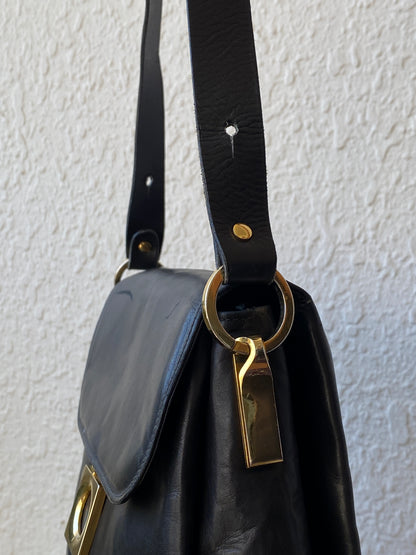 Vintage 90s Black Genuine Leather Gold Hardware Structured Shoulder Bag