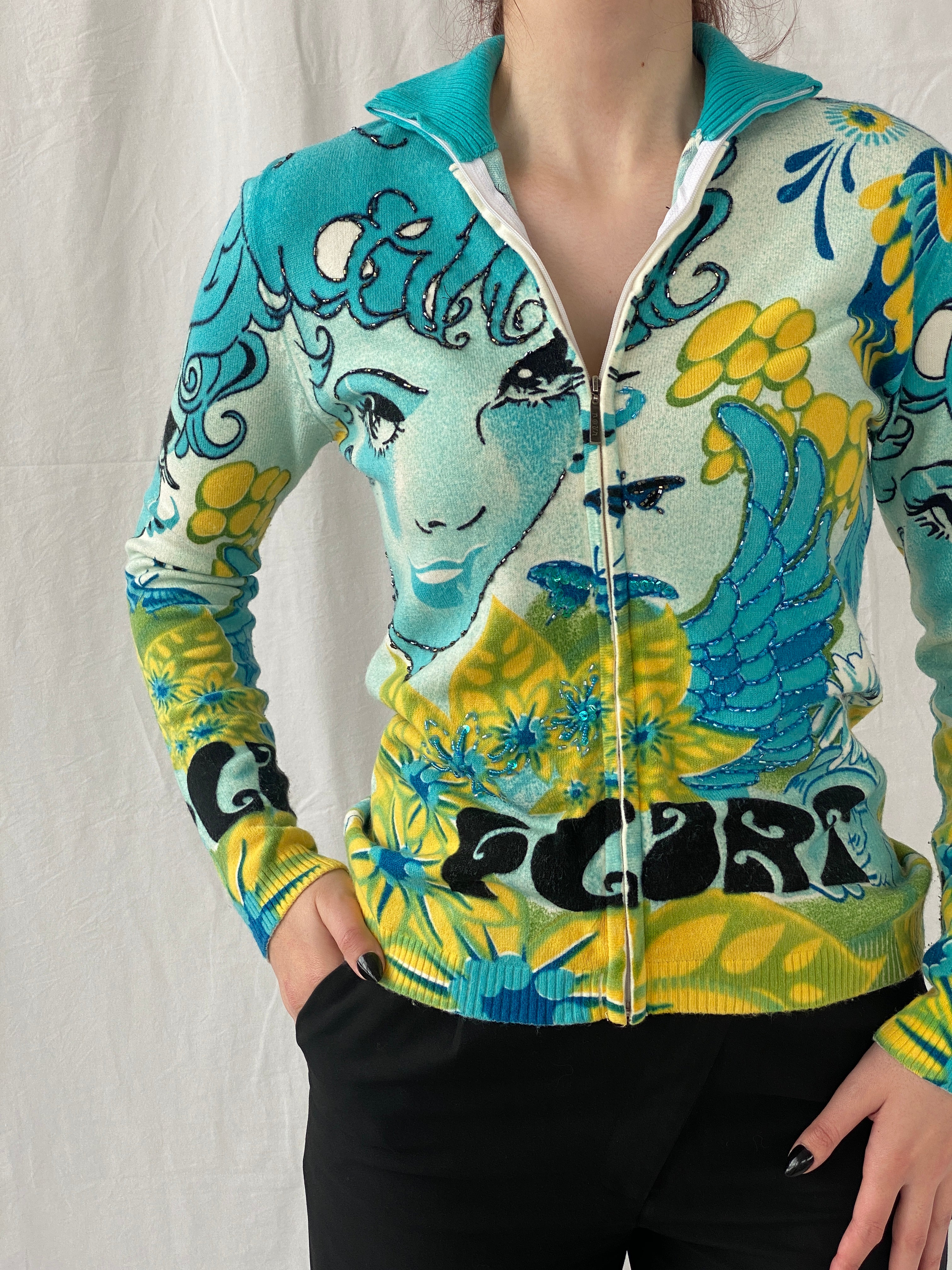 Rare Vintage Noun Paris Graphic Blue Beaded Zip Up Cardigan - M