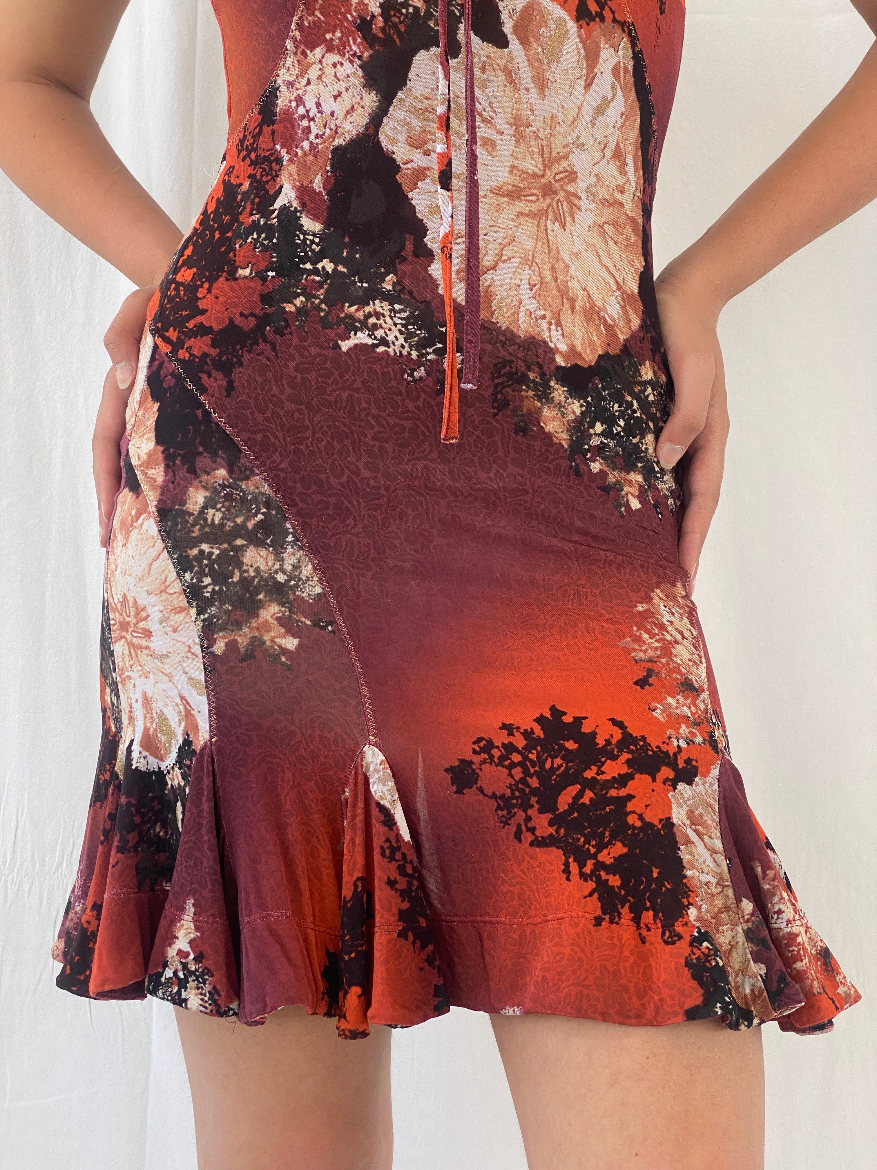 2000s Y2K Just Cavalli by Roberto Cavalli Orange Purple Floral Ruffled Neckline Short Dress - S