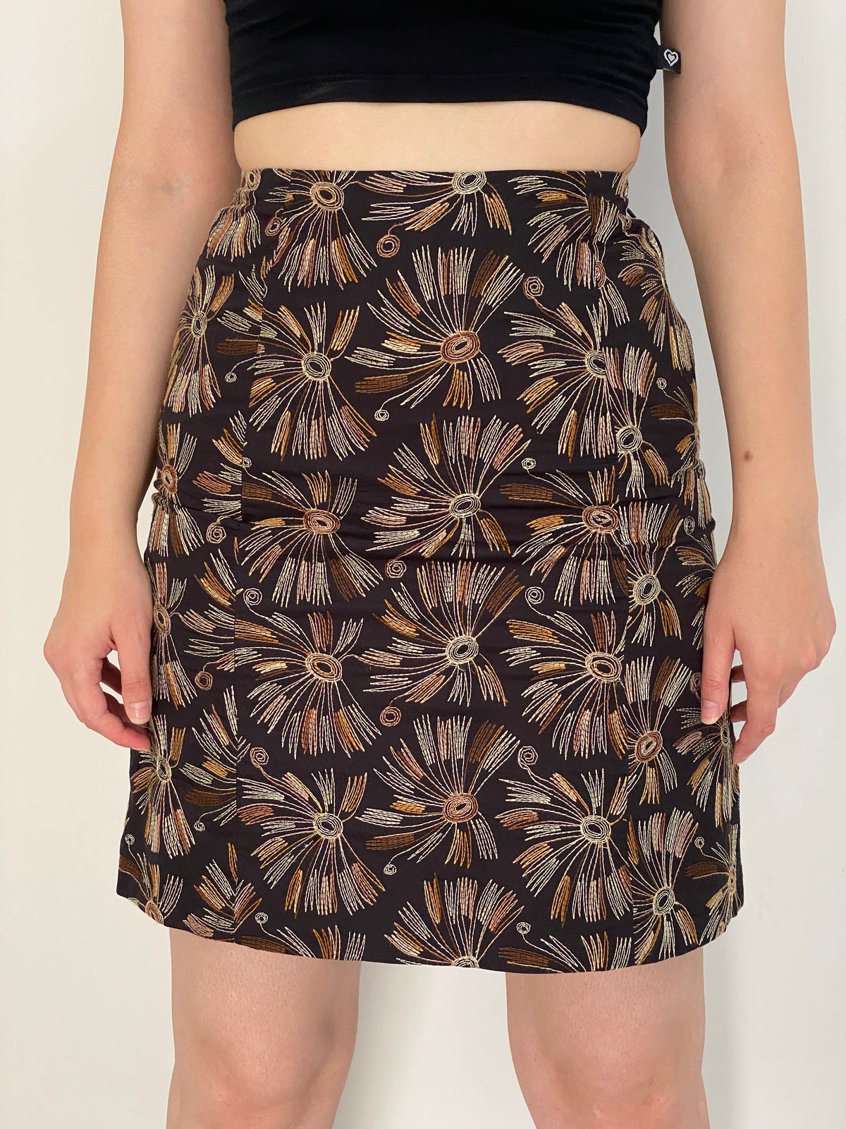 Vintage 90s Talbots Petites Black & Gold Embroidered Cotton Mini Skirt – M