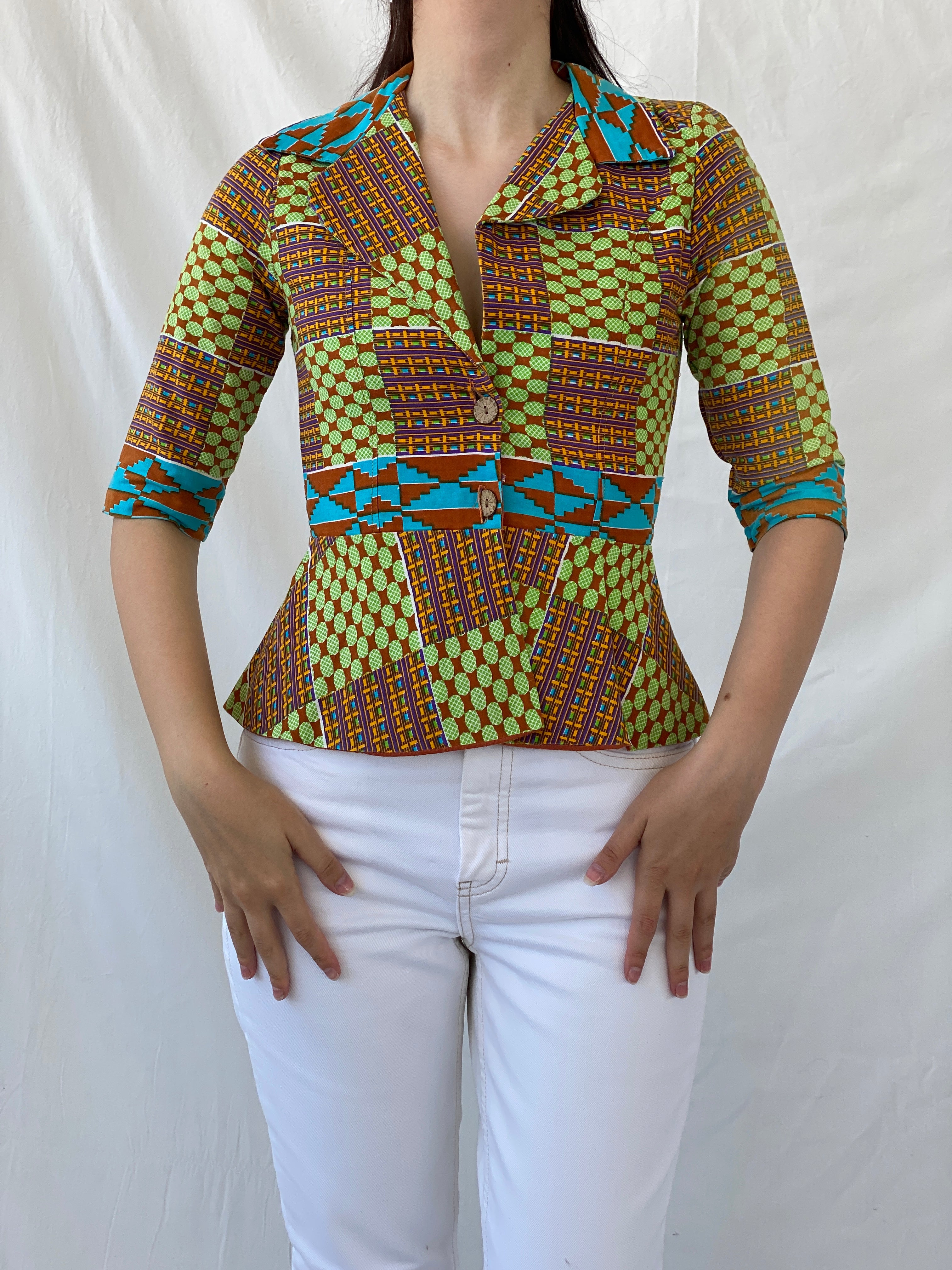 Vintage Handmade Afro Ethnic Print Ankara Short Jacket Green Brown Multicolor Blazer - S