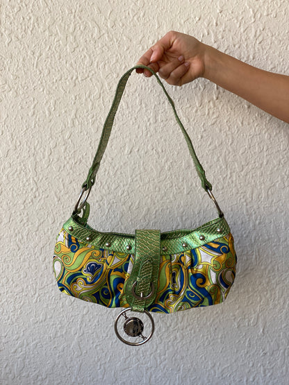 Y2K Groovy Green Snake Print Handle Mini Shoulder Bag