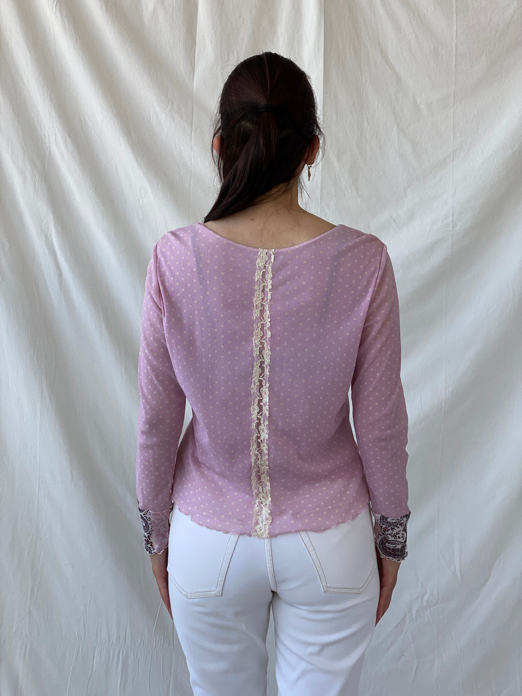 Vintage Taifun Collection Polka Dot Pink Lace Floral Detailing Long Sleeve Girly Coquette Mesh Top - L