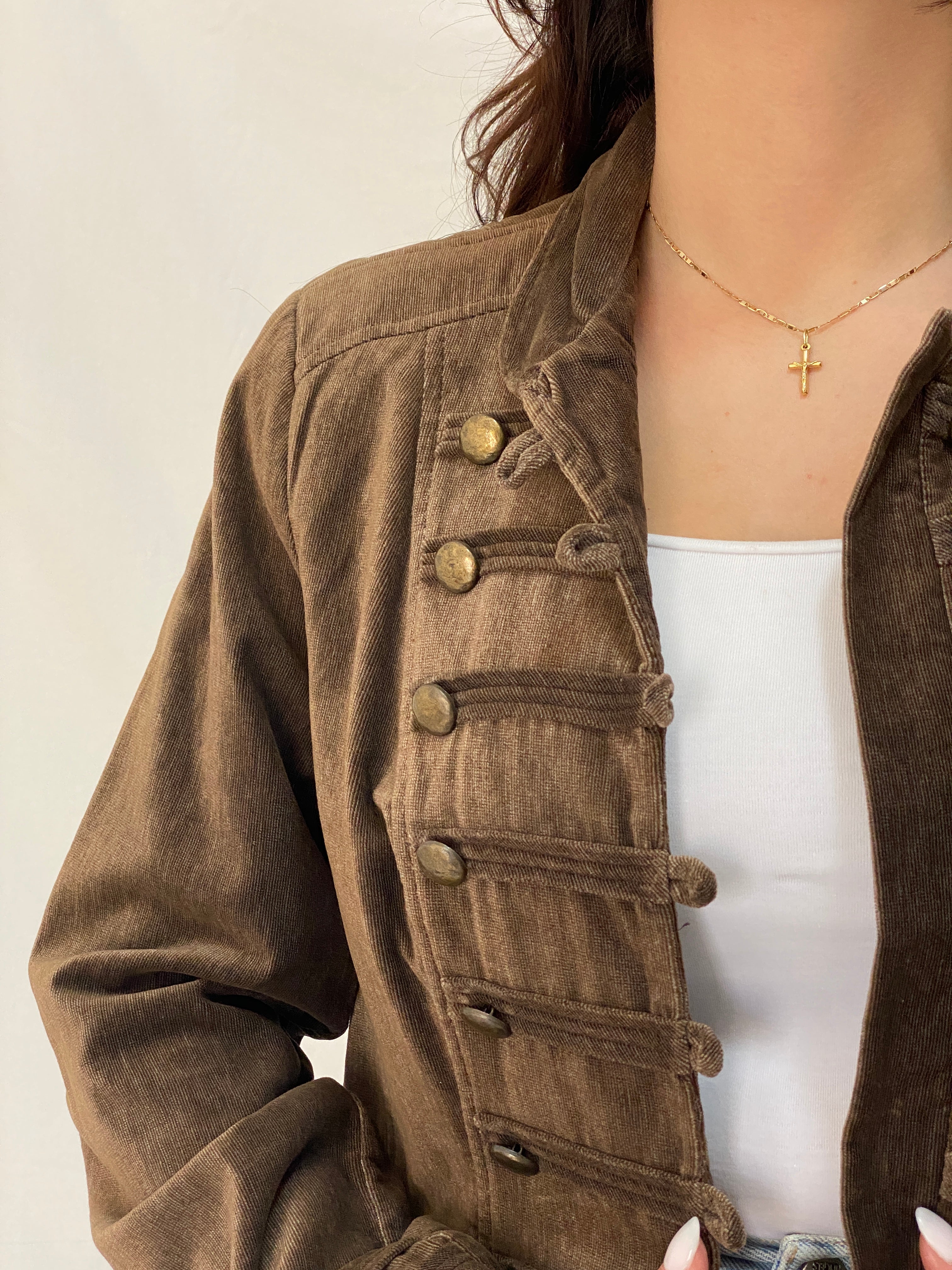 Vintage Véchy Brown Corduroy Military Blazer for Women Structured Button-Up Jacket - XL