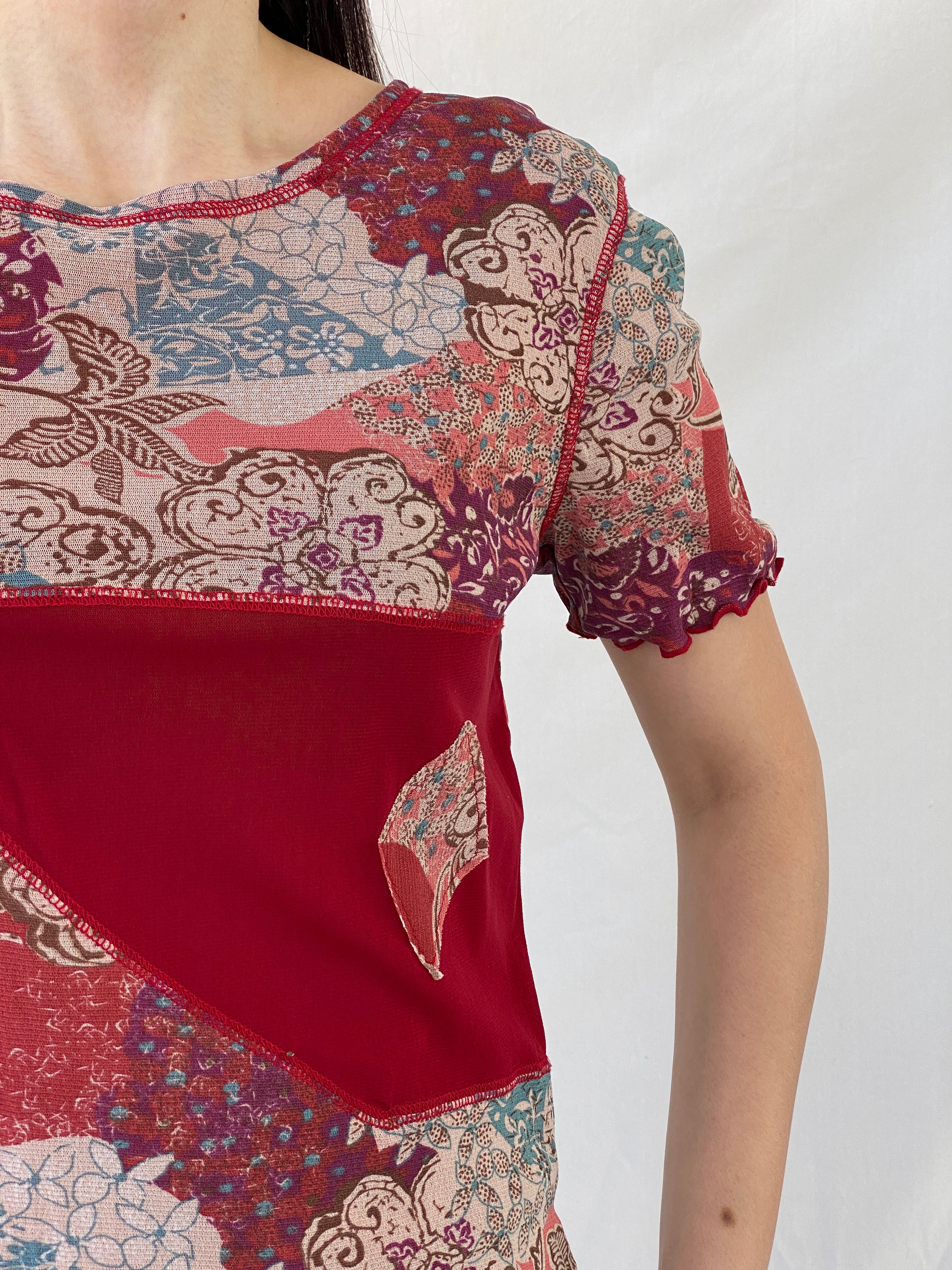 Y2K Daxon Red Patchwork Style Floral Short Sleeve Mesh Top - L