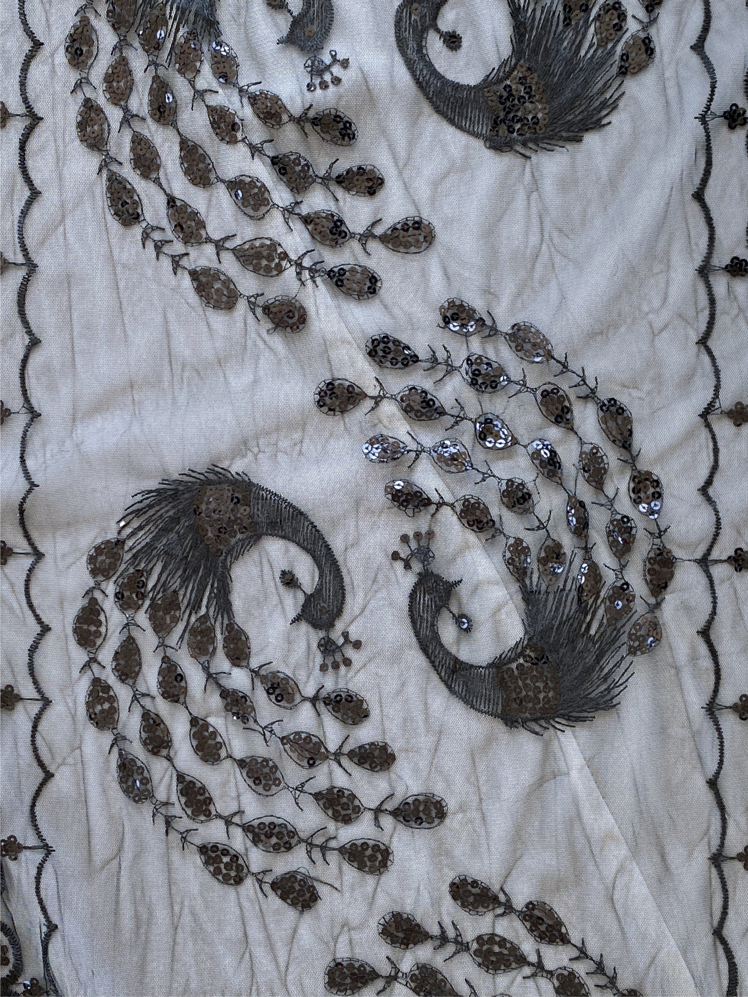 Black Sheer Polyester Scarf with Peacock Embroidery, Sequins & Fringe Evening Shawl / Dressy Wrap