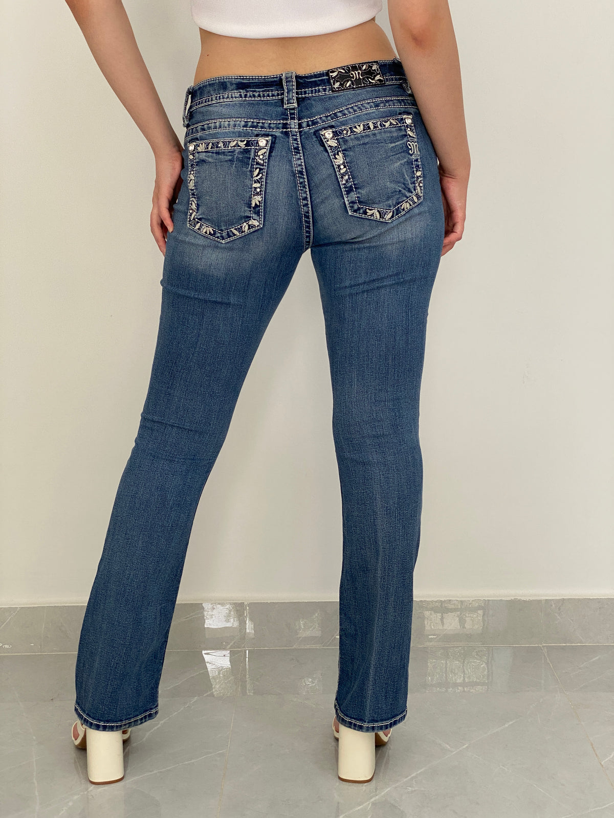 Vintage Y2K Miss Me Medium Wash Embroidered Low-Rise Bootcut Jeans - 38EUR