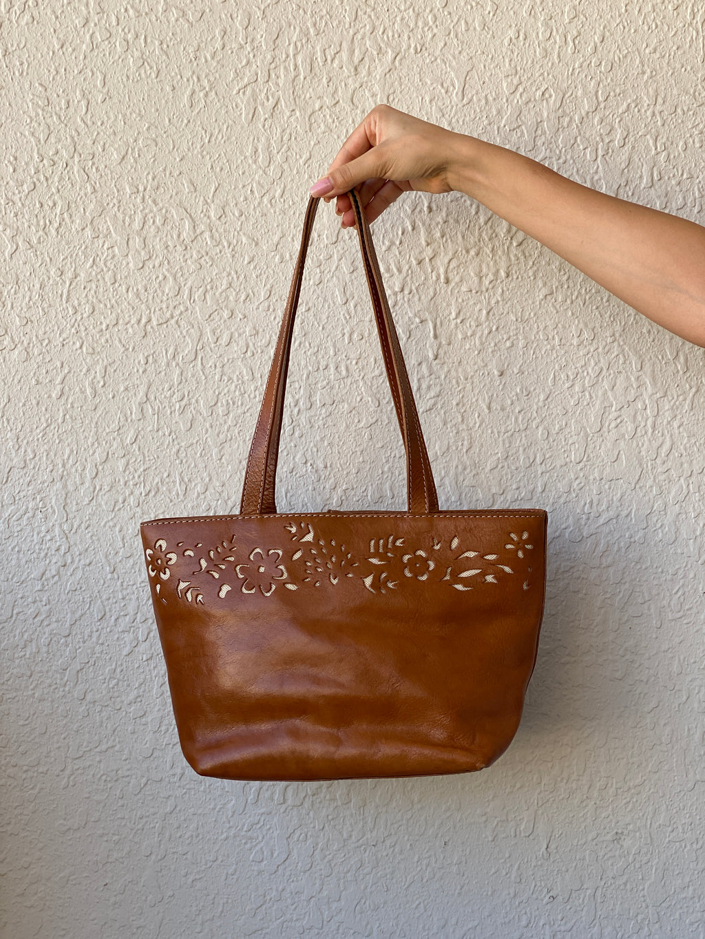 Genuine Leather Floral Perforated Design Shoulder Tote Bag