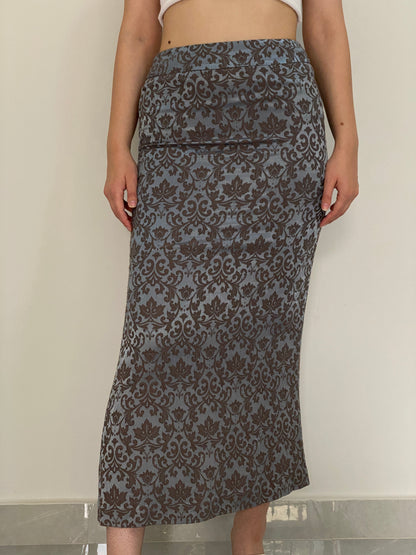 Vintage 90s Karen Millen Metallic Blue Grey Floral Jacquard Maxi Skirt – M