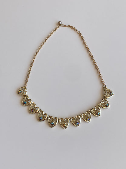 Vintage Gold-Tone Open Heart Motifs Rhinestone Chain Necklace