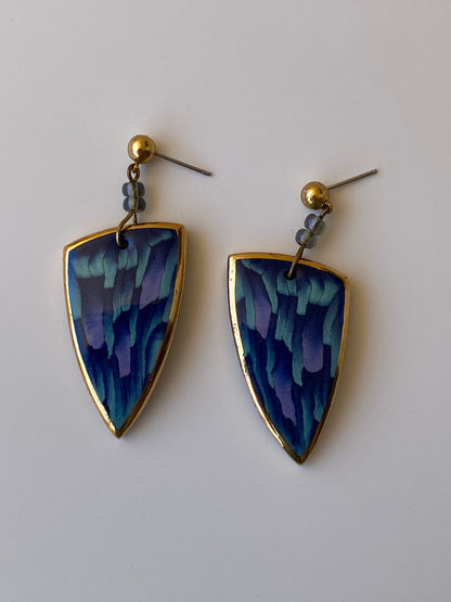 Vintage Abstract Enamel Drop Earrings Blue Geometric Shield Dangle Earrings