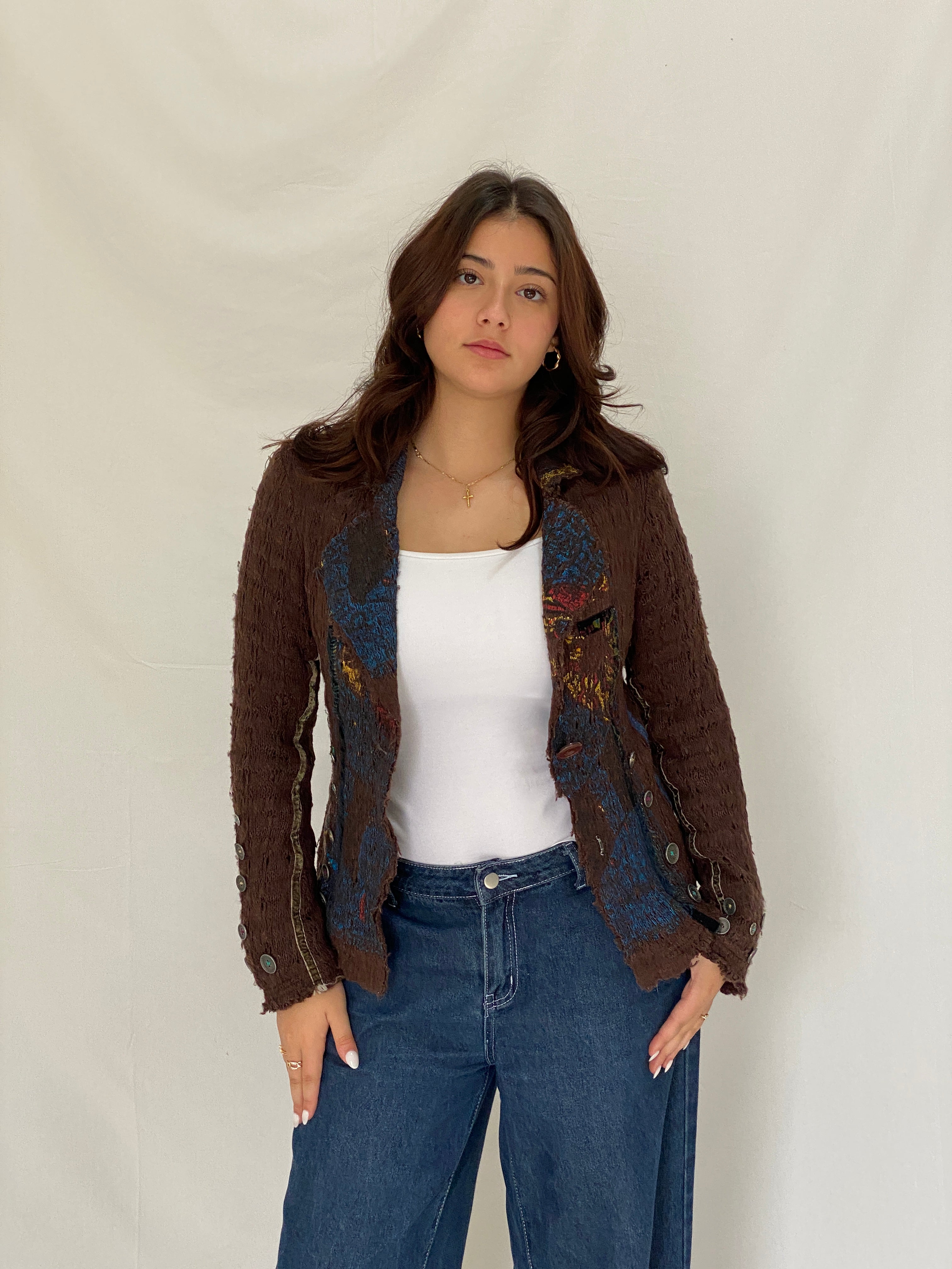 Vintage Soggo Brown Boho Knit Button-Up Cardigan Jacket – M
