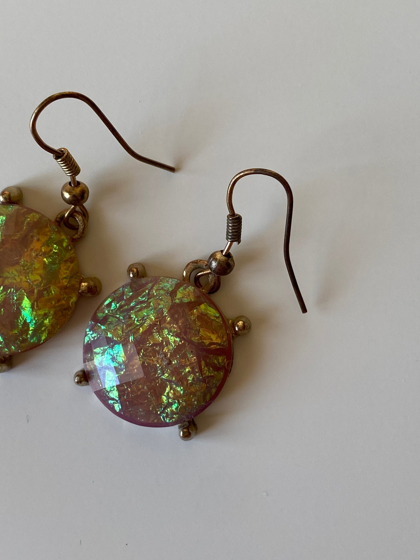 Vintage Iridescent Pink Glass Drop Earrings with Gold Tone Setting