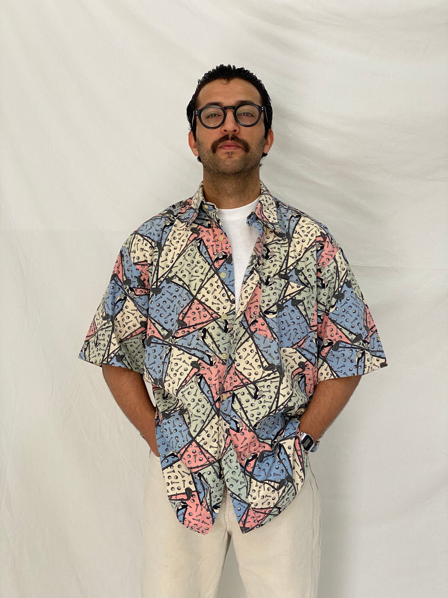 Vintage B.D. Baggies Pastel Golf Print Button Up Shirt Multicolor Abstract Sports Shirt - L
