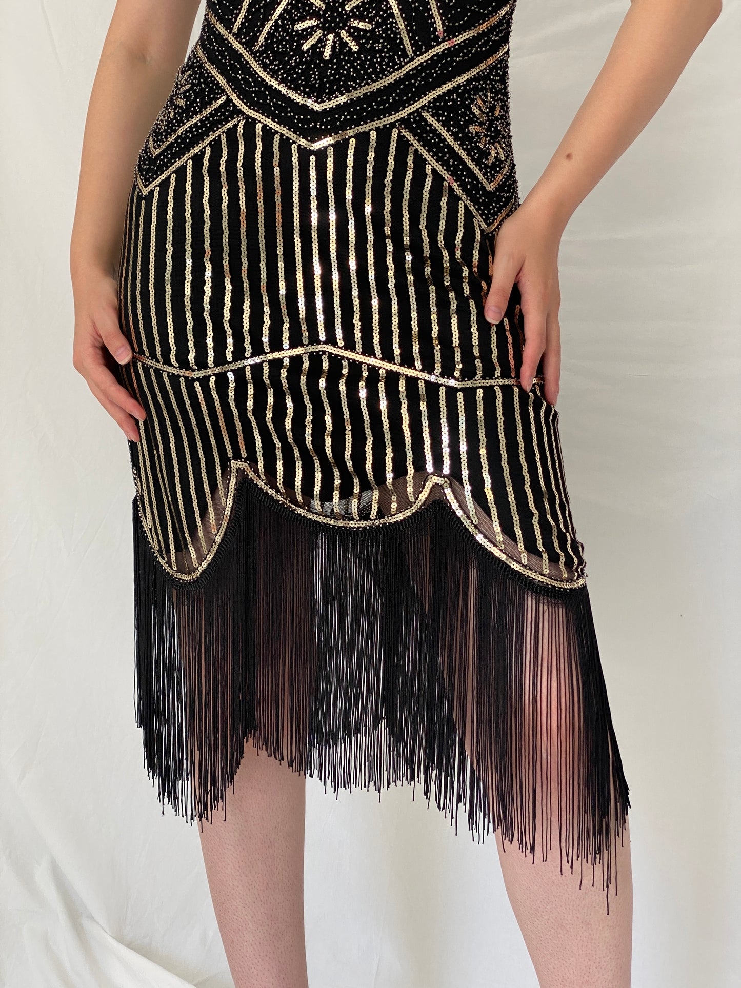Vintage Art Deco Gatsby Black & Gold Sequin Fringe Cocktail Dress –  S