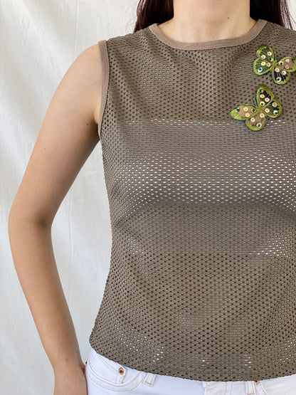 Y2K Red Herring Perforated Mesh Sleeveless Top - L