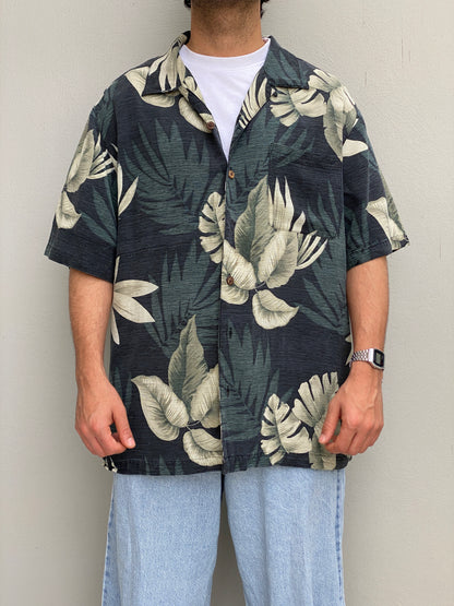 Vintage Havana Jacks Café Tropical Leaf Print Silk Hawaiian Shirt – XL