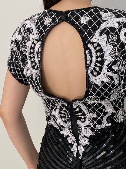 Vintage 80s Laurence Kazar Black & White Silk Beaded Sequin Cocktail Dress - M