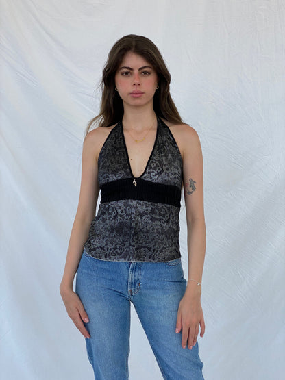 Vintage 90s/00s Baby Phat Black and Silver Floral Halter Top - M