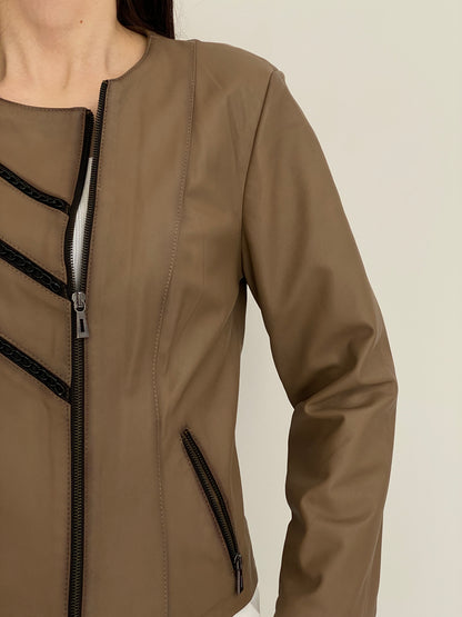 Vintage Y2K Gian Mori Classic Taupe Genuine Leather Zip-Up Jacket - L
