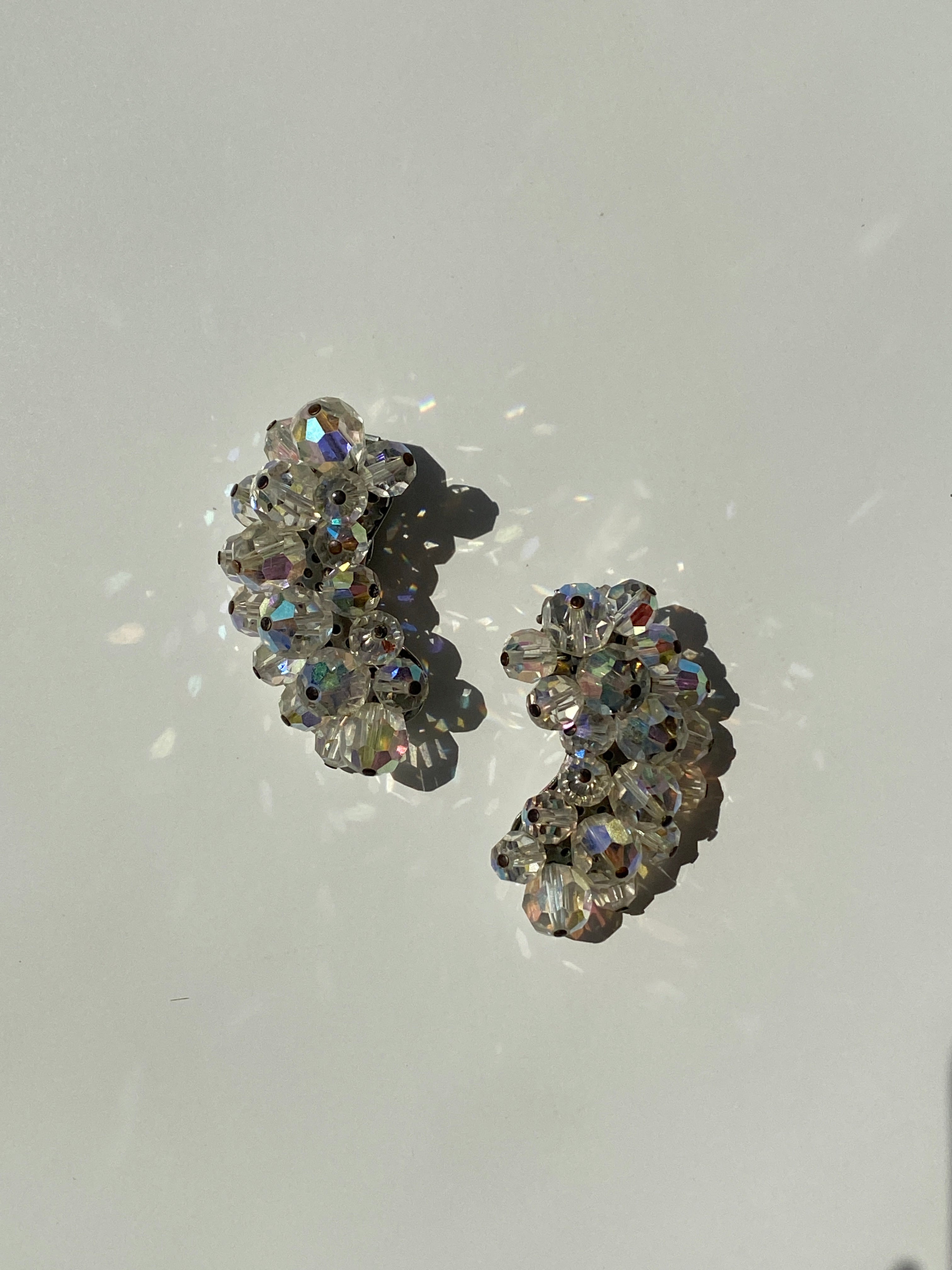 Vintage Silver Tone Crystal Crescent Clip On Earrings