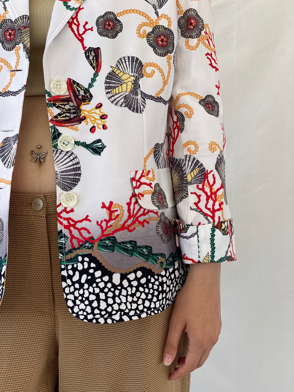 Statement SELMA Ivory Multicolor Seashell Red Coral Printed Cotton Blazer - XL