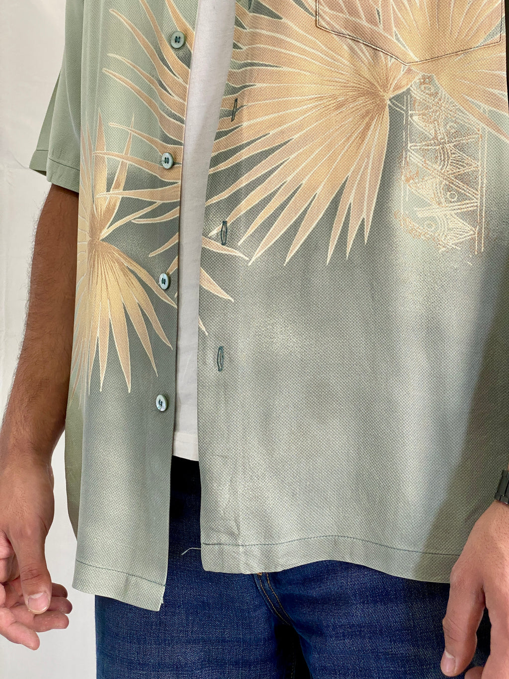 Tori Richard Honolulu Silk Blend Tropical Palm Leaf In Sage Green Men’s Hawaiian Aloha Shirt - L