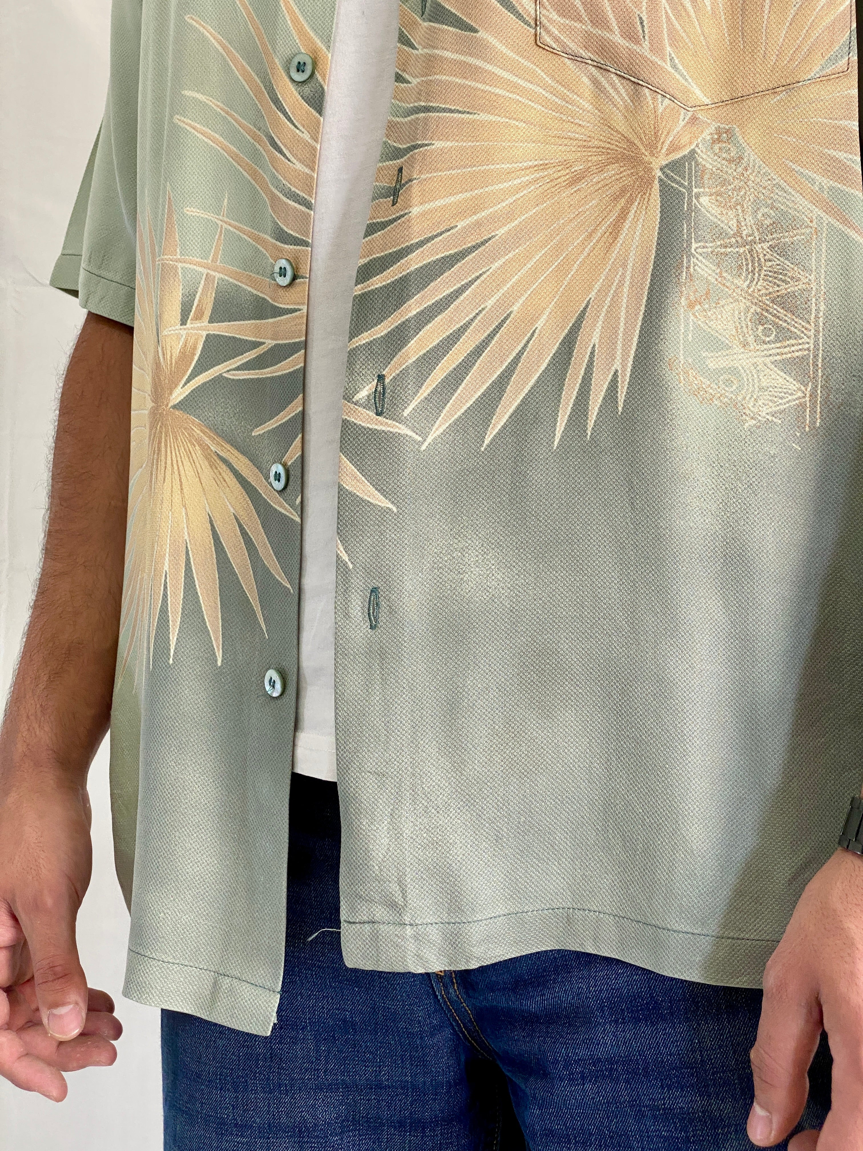 Tori Richard Honolulu Silk Blend Tropical Palm Leaf In Sage Green Men’s Hawaiian Aloha Shirt - L