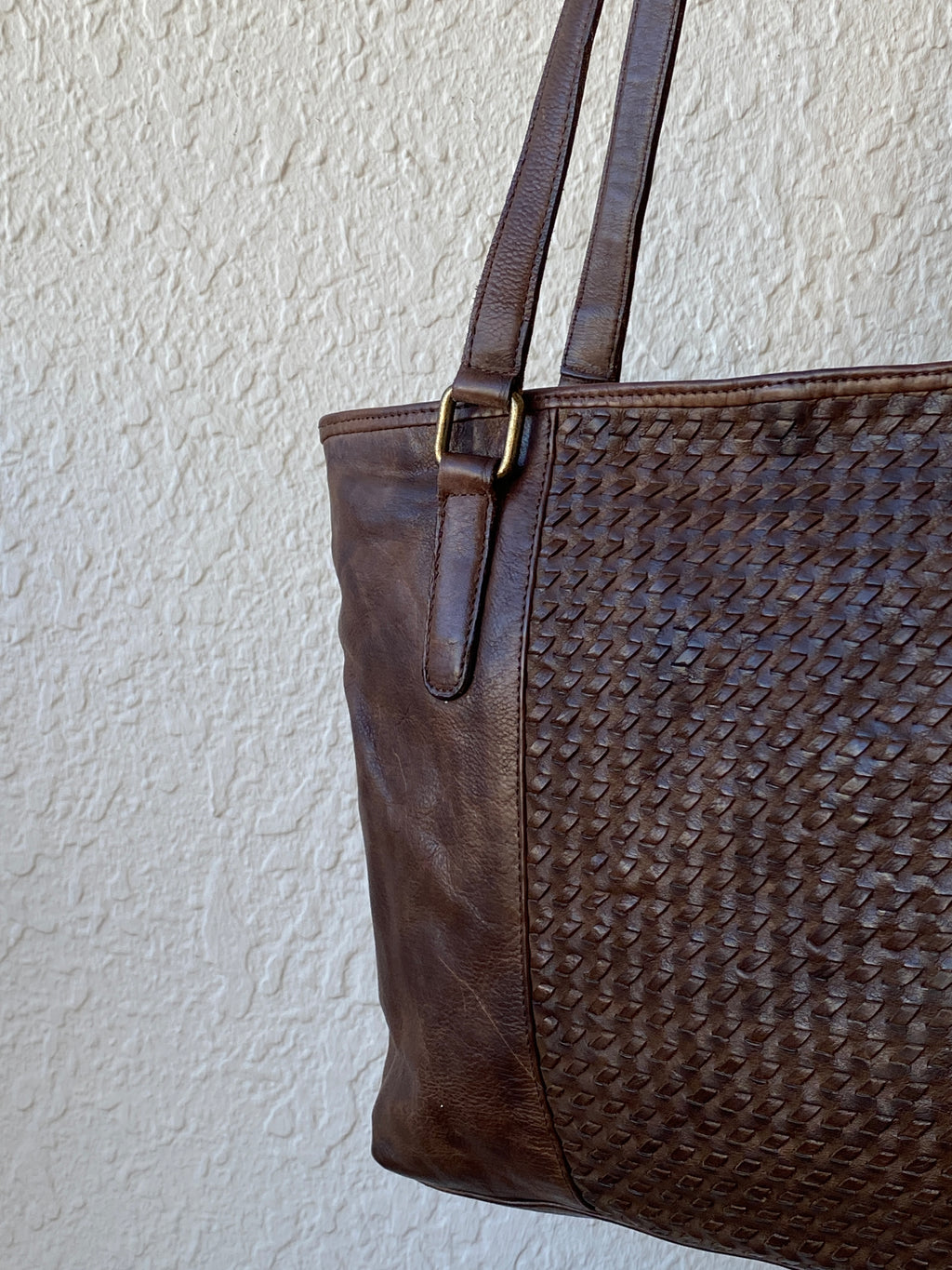 Vintage Distressed Brown Genuine Indian Woven Leather Tote Shoulder Bag