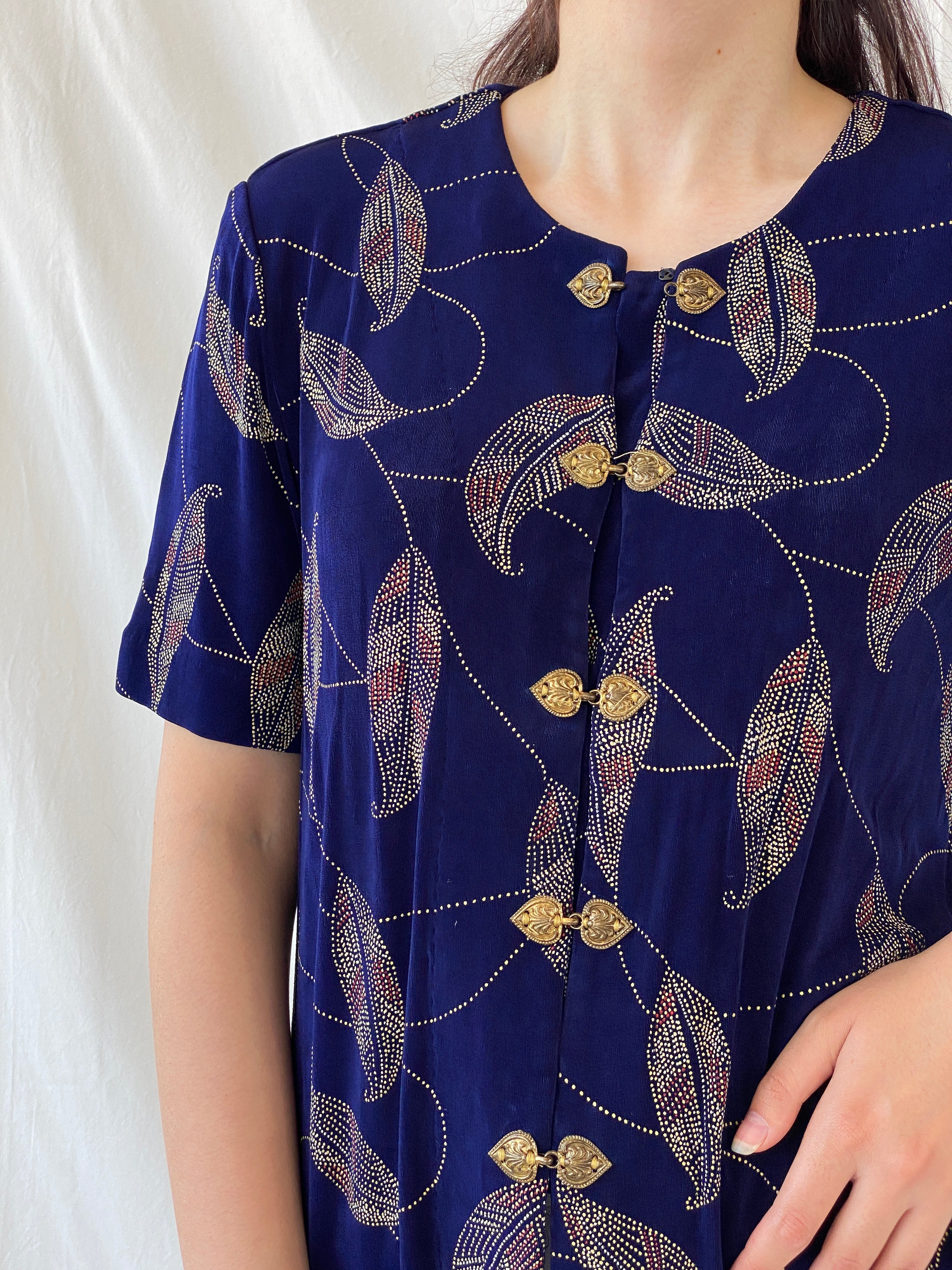 Vintage Navy Blue Gold Leaf Print Cardigan Blouse with Ornate Bronze Clasp Closures - L
