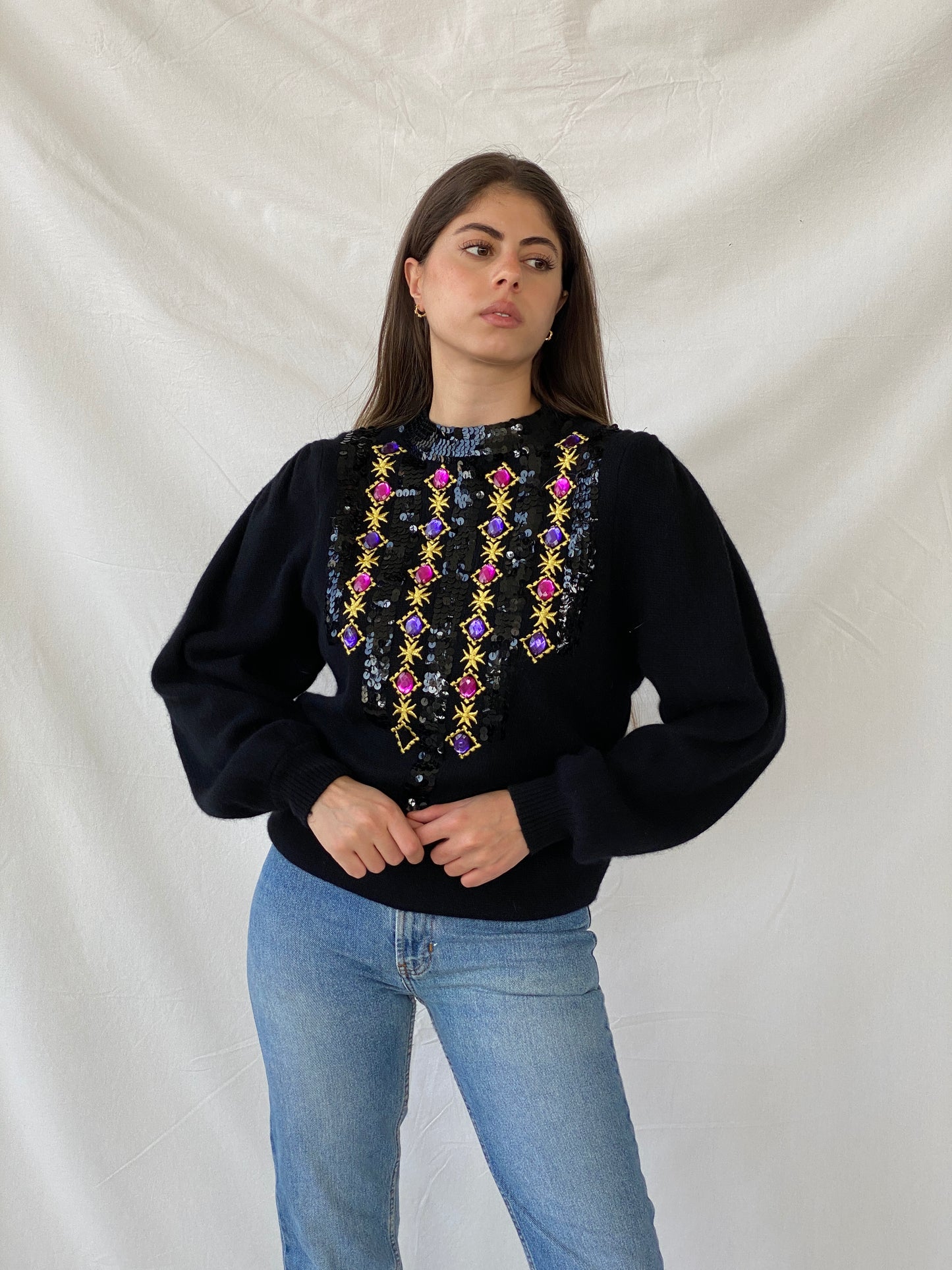 Vintage 80s Bonnie and Bill by Holly Black Beaded Sequin Sweater - L