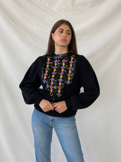 Vintage 80s Bonnie and Bill by Holly Black Beaded Sequin Sweater - L