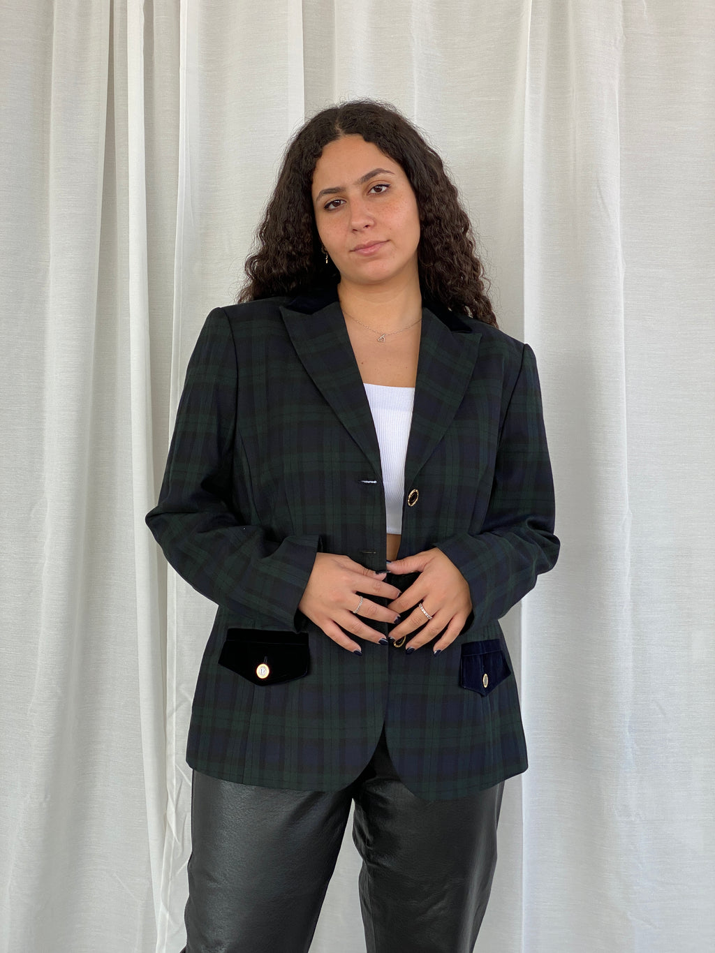 Vintage Fair Lady Preppy Plaid Velvet Collar Blazer Jacket Suit - XL