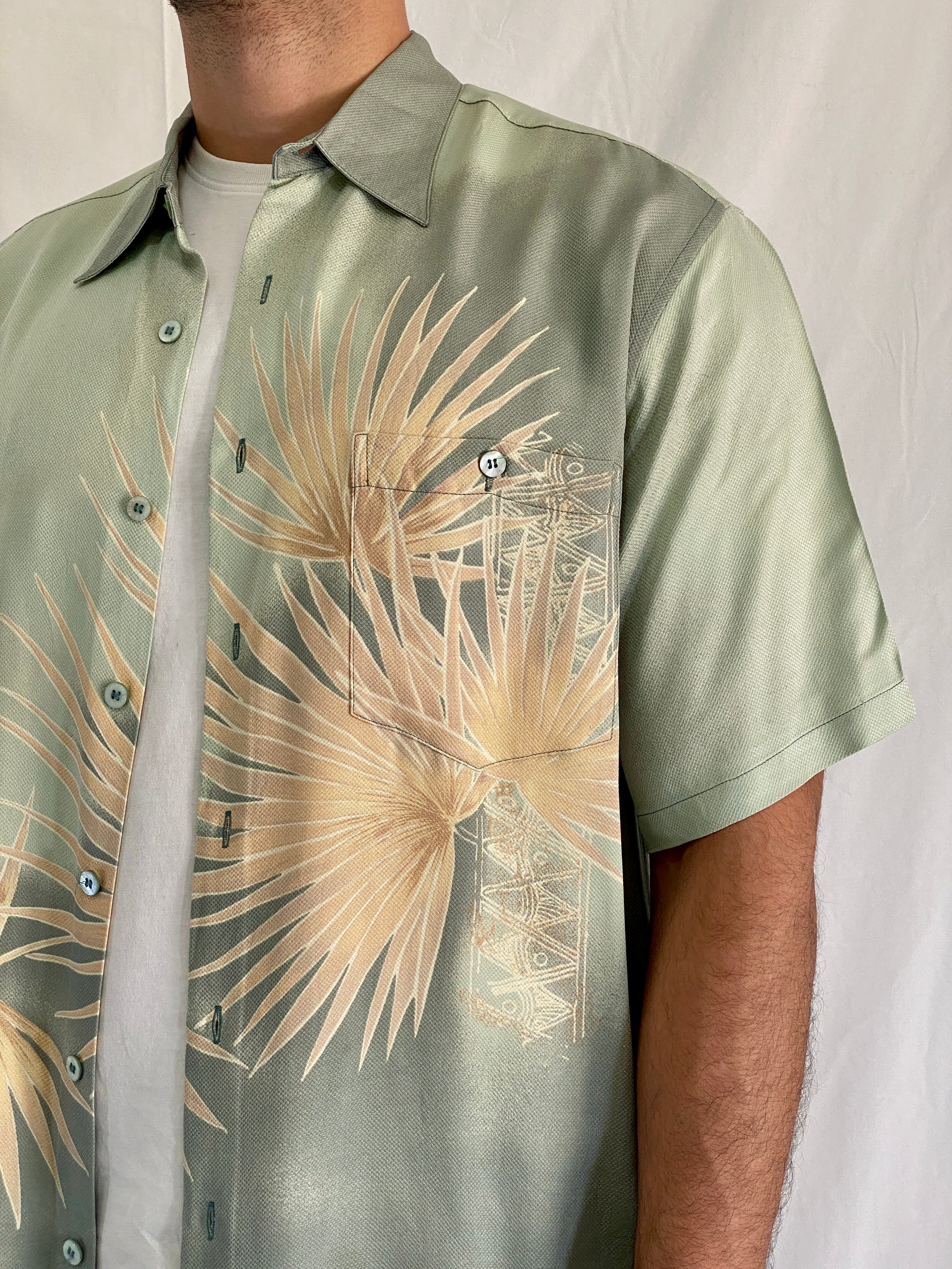 Tori Richard Honolulu Silk Blend Tropical Palm Leaf In Sage Green Men’s Hawaiian Aloha Shirt - L