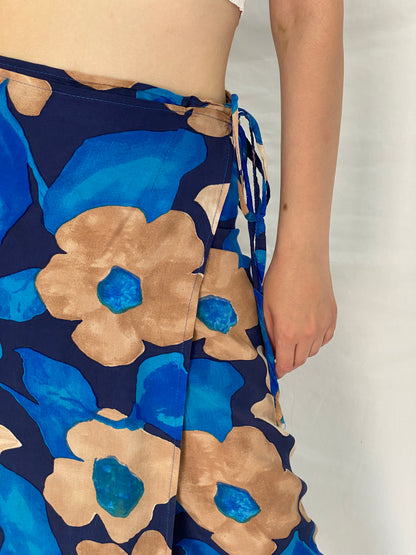 Vintage 1990s Blue & Tan Abstract Floral Wrap Midi Skirt - M