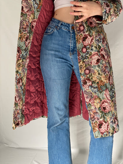 Vintage Statement Handmade Floral Tapestry Quilted Coat with Pink Faux Fur Collar - M