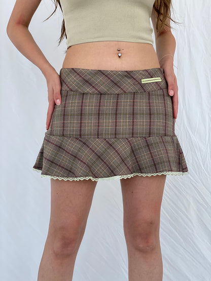 Y2K Plaid Pleated XOXO Brown and Pink Mini Skirt with Lace Trim - S