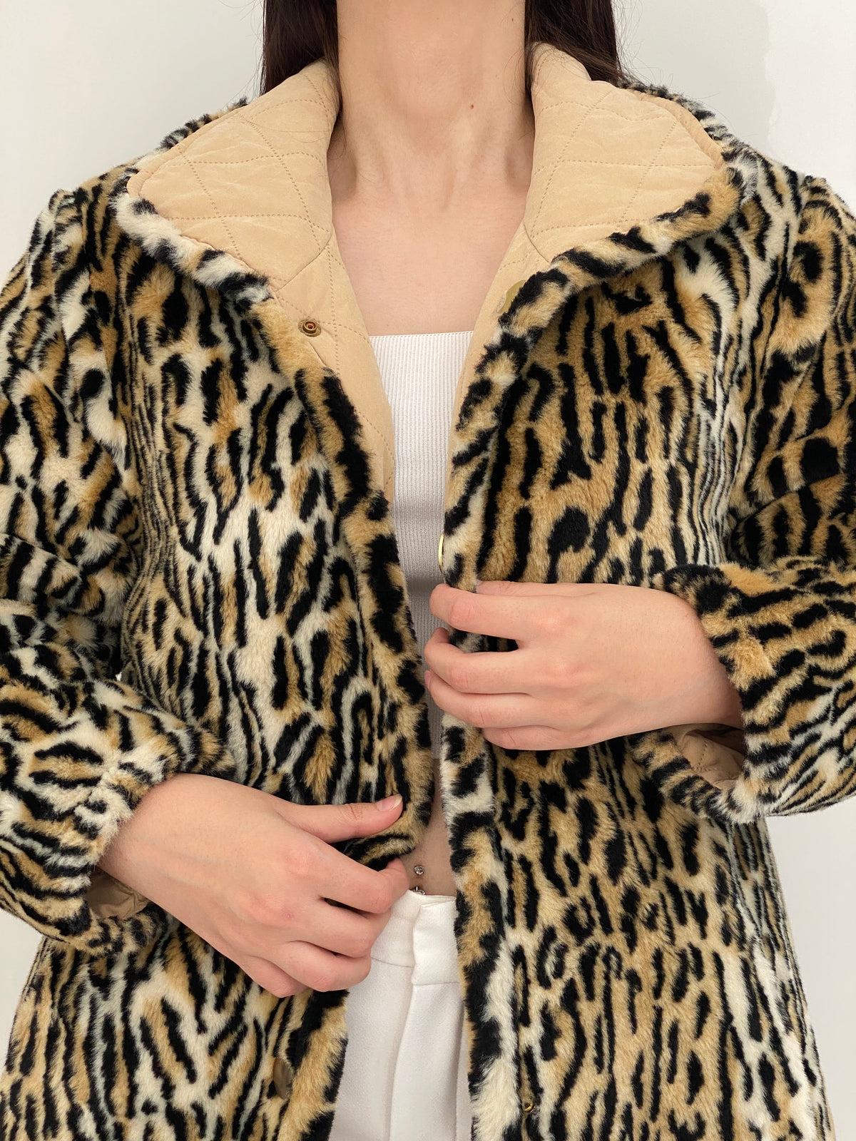 Vintage Y2K Reversible Beige Quilted Leopard Faux Fur Longline Jacket - L