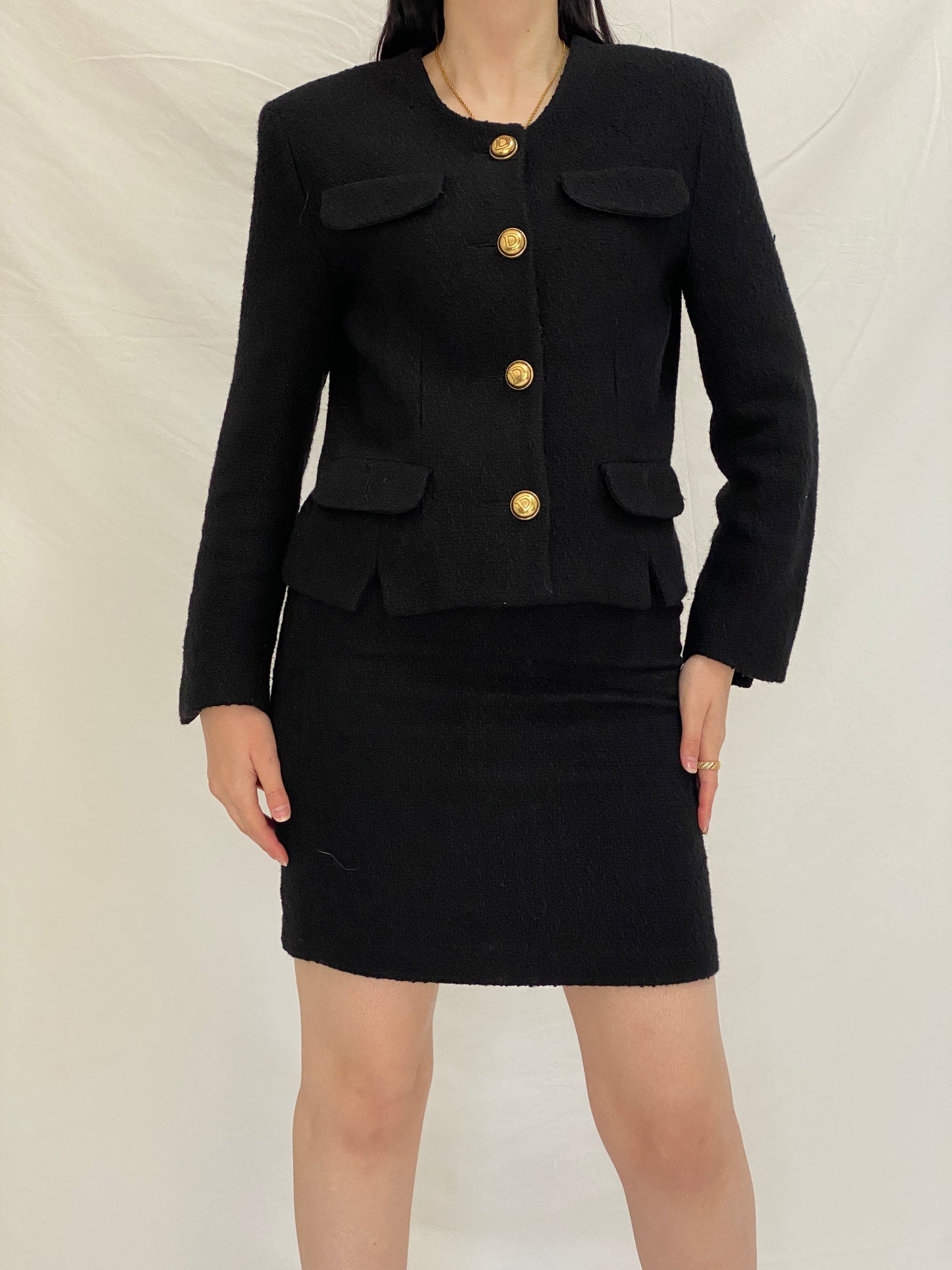 Vintage Directory Black Bouclé Blazer & Skirt Set - 90s Tailored Two Piece Suit, Gold Button Jacket, Minimalist Power Set - M