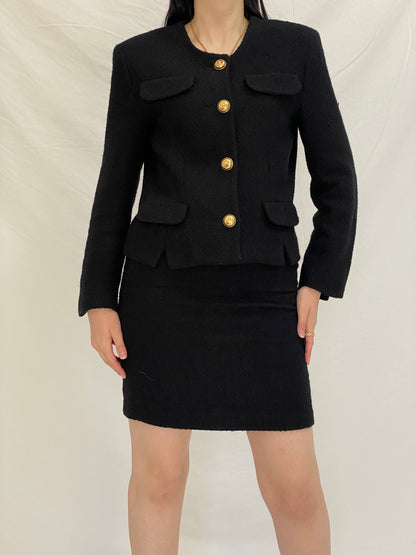 Vintage Directory Black Bouclé Blazer & Skirt Set - 90s Tailored Two Piece Suit, Gold Button Jacket, Minimalist Power Set - M