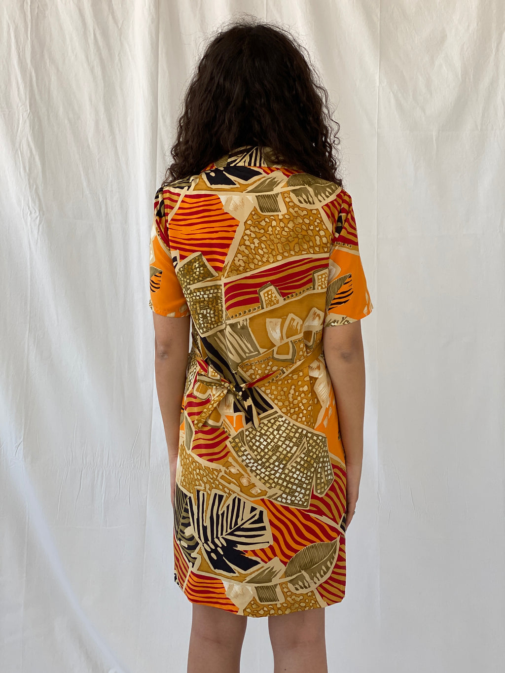 Vintage Handmade Abstract Hawaiian Button Up Knee Length Orange Yellow Dress - M