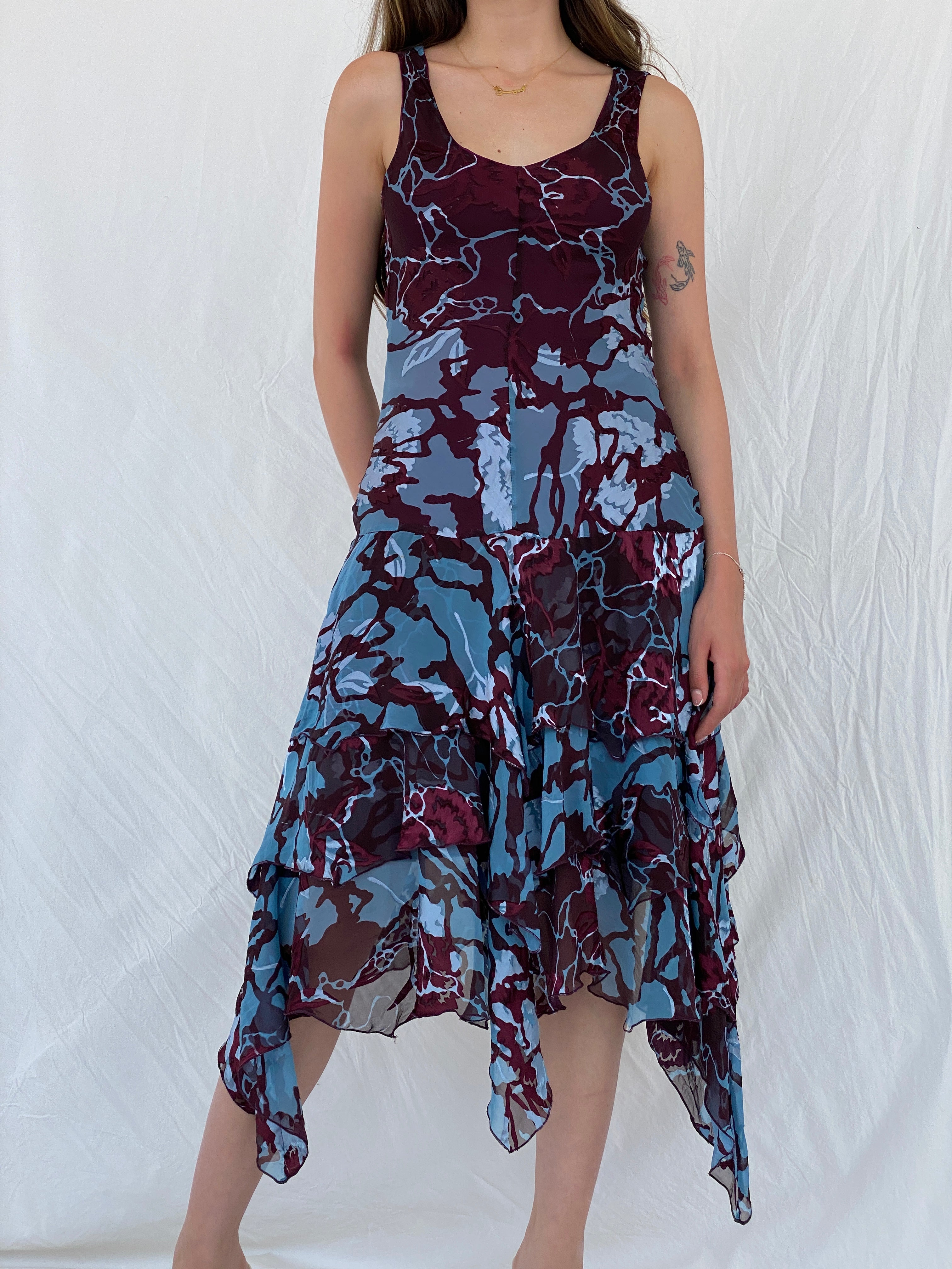 Vintage 90s Jeff Gallano Paris Layered Maroon and Blue Silk Dress - M