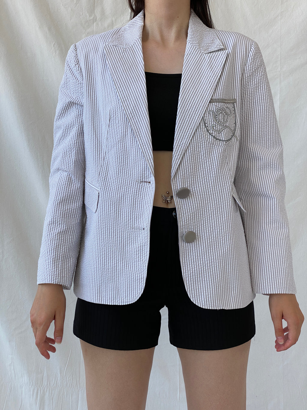 Seleste GiYim Cotton Striped Blazer Crest Patch Preppy Academic-Core Seersucker Jacket - L